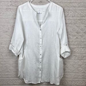 SIGRID OLSEN 100% Linen Sz M Shirt Dress Tunic White w/ Pockets Perfect Summmer